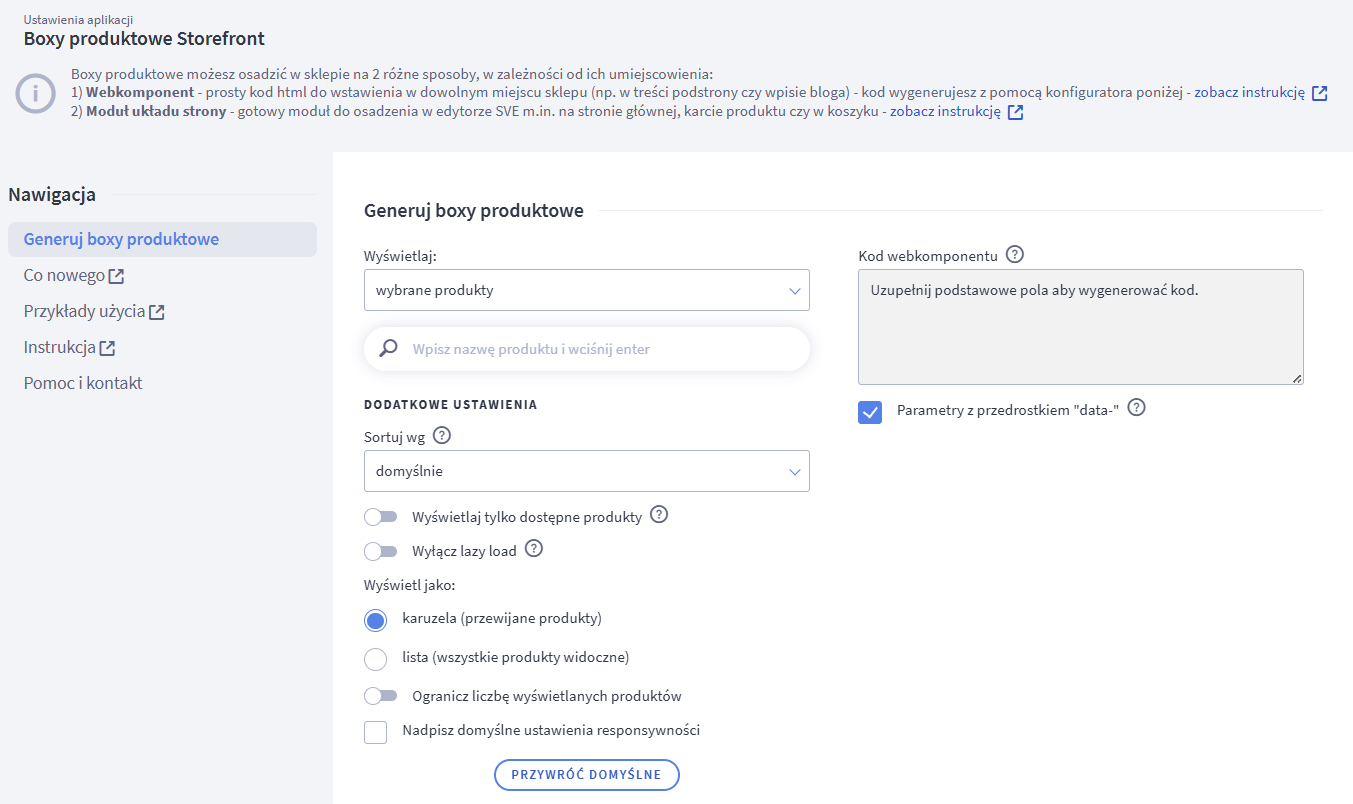 Konfigurator do generowania kodu webkomponentu