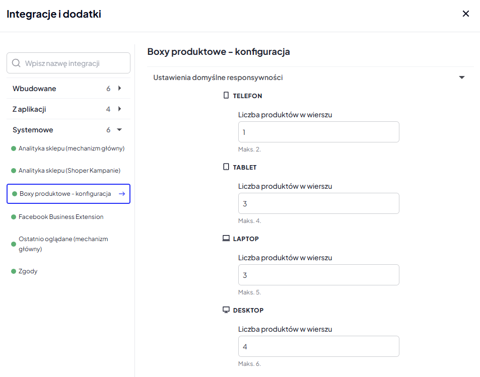Konfiguracja responsywności boxów produktowych